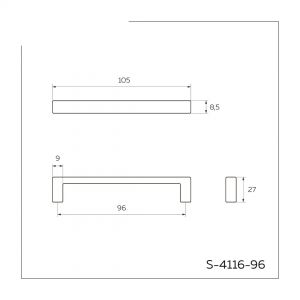 Мебельная ручка-скоба 96 мм матовый черный S-4116-96 BL. Чертеж.