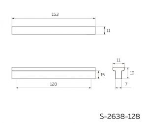 T-образная ручка 128 мм, хром глянец S-2638-128. Чертёж.