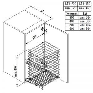 Чертёж - Корзина выдвижная для белья 400 с доводом, белая ED29.0148WT.