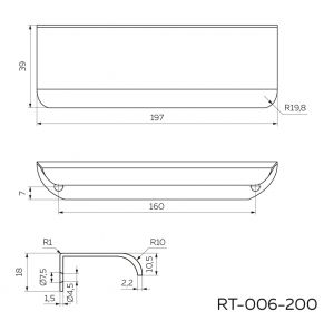 Чертёж. Ручка для мебели торцевая 200 мм матовый чёрный RT-006-200 BL.