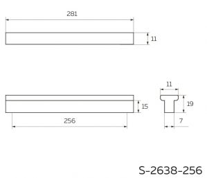 Накладная T-образная ручка 256 мм, матовый черный S-2638-256 BL - Чертёж.