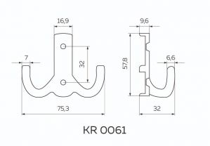 Чертёж: : Крючок мебельный 2х-рожковый матовый никель KR 0061 SN.