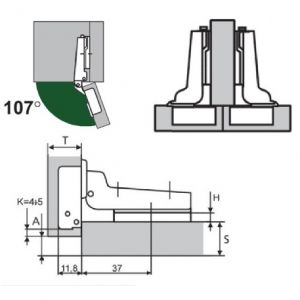 Петля полунакладная мебельная с доводчиком 2 шт 2pcs-M350-Half. Схема