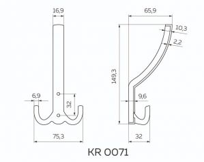Крючок мебельный 3х-рожковый, античная бронза KR-0071-AB - Чертёж.