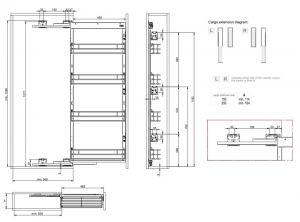 Чертёж. Выдвижная корзина 200 - 4 уровня с доводчиком, правая графит E31.0061RBL.