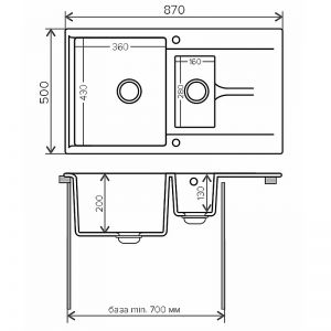 Чертёж. Мойка для кухни прямоугольная 870х500х200, серый BRIG-870-14.