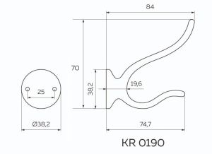 Чертёж: Крючок мебельный 2х-рожковый матовый черный KR 0190 BL.