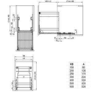 Схема монтажа. Выдвижная трёх уровневая корзина для кухни с доводчиком в базу 600 мм