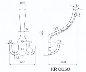 Чертёж. Крючок мебельный 2х-рожковый, золото KR-0050-OT.