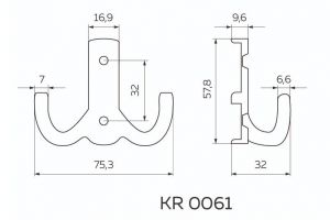 Крючок мебельный двухрожковый матовый хром KR-0061-SC - Чертёж.