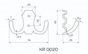 Чертёж: Крючок 2х-рожковый черненый старинный цинк KR-0020-BAZ.