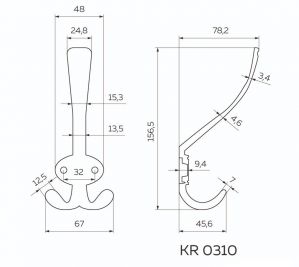 Чертёж - Крючок 3х-рожковый мебельный черненый старинный цинк KR-0310-BAZ.