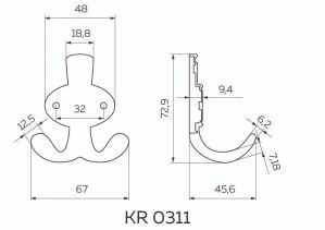 Чертёж - Крючок мебельный 2х-рожковый черный KR-0311-BL.