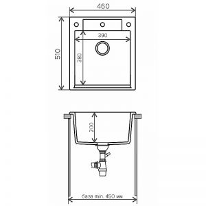 Чертеж. Мойка для кухни прямоугольная 460х510х200, серый ARGO-460-14.