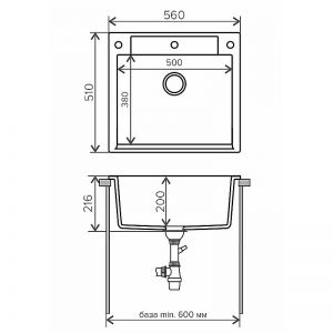 Мойка для кухни прямоугольная 560х510х200, серый ARGO-560-14 - чертеж.