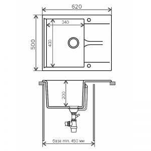 Схема: Мойка для кухни прямоугольная 620х500х200, песочный Gals-620-302.