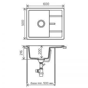 Схема. Мойка для кухни прямоугольная 600х500х200 сафари Tolero-R107-102