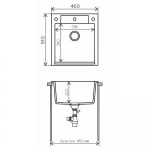 Чертёж. Мойка для кухни прямоугольная 460х510х200, белый Tolero-R117-923.