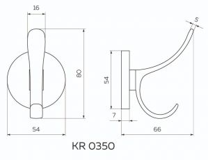 Чертёж: Крючок мебельный 2х-рожковый матовый чёрный KR-0350-BL.