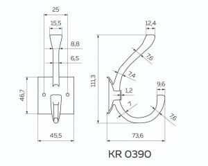 Чертёж - Крючок 2х-рожковый мебельный черненый старинный цинк KR-0390-BAZ.