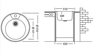 Чертёж - Мойка врезная круглая круглая d510х160х0,6 матовая MK0477.